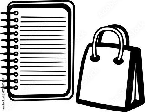 Notebook and shopping bag illustration, SVG with clean lines.Notepad and Shopping Bag Symbolizing Planning and Purchase