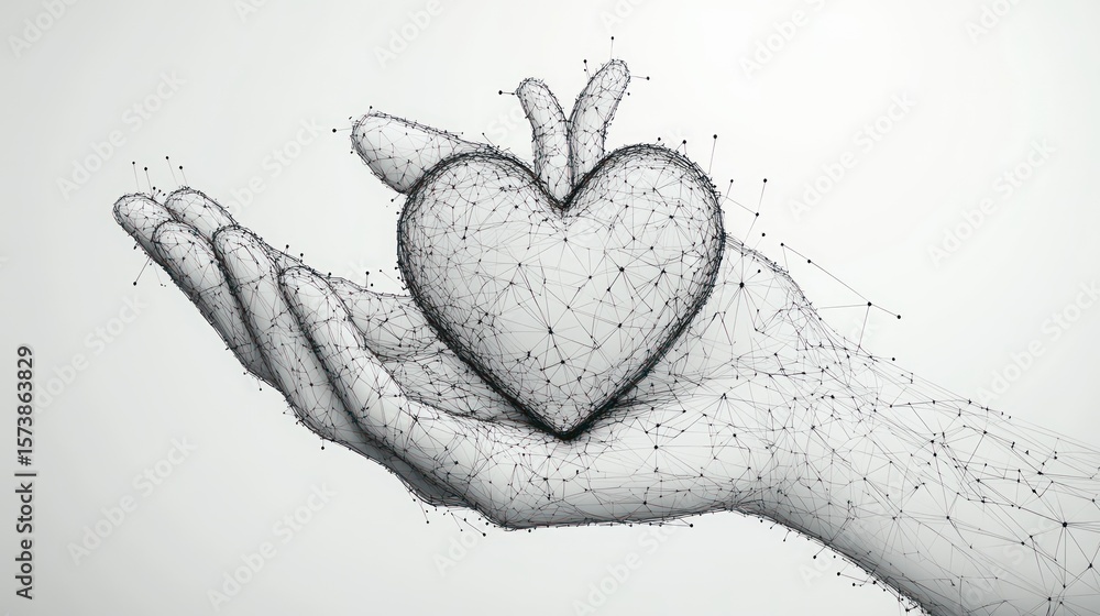 Fototapeta premium Hands gently hold polygonal heart; abstract background, care concept