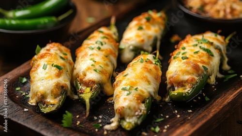 Cheesy Stuffed Jalapenos, Rustic Wooden Board, Kitchen Setting, Appetizer