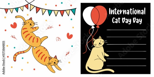 Celebrating International Cat Day in 8 August, with blank space on the right for your message or text in black white background