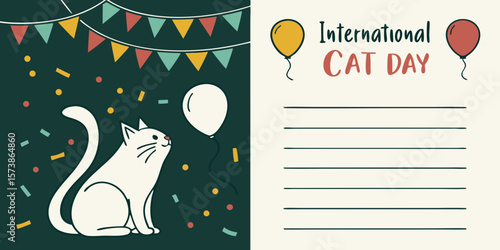 Celebrating International Cat Day in 8 August, with blank space on the right for your message or text in green white background