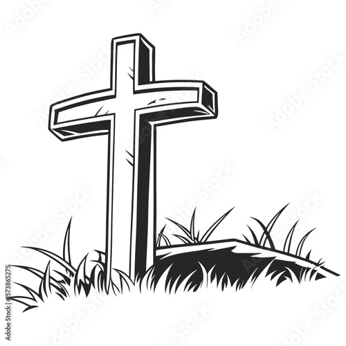 Christian burial symbol, Black and white grave marker cross on textured grass