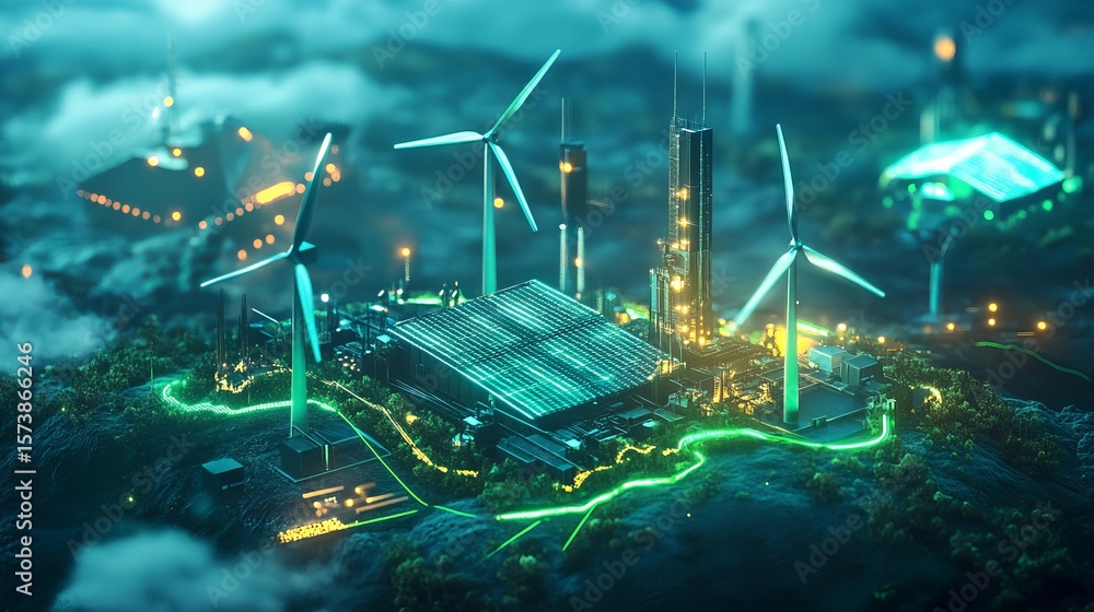 Obraz premium Futuristic eco-industrial complex nestled in a mountainous landscape, powered by wind turbines and solar energy, glowing with vibrant green accents