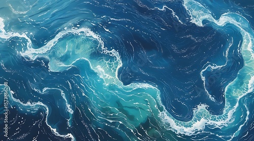 An inspiring photo realistic illustration displays an ocean aerial view, reflecting the immense scale and serene power of the marine environment, with intricate current patterns and subtle water color