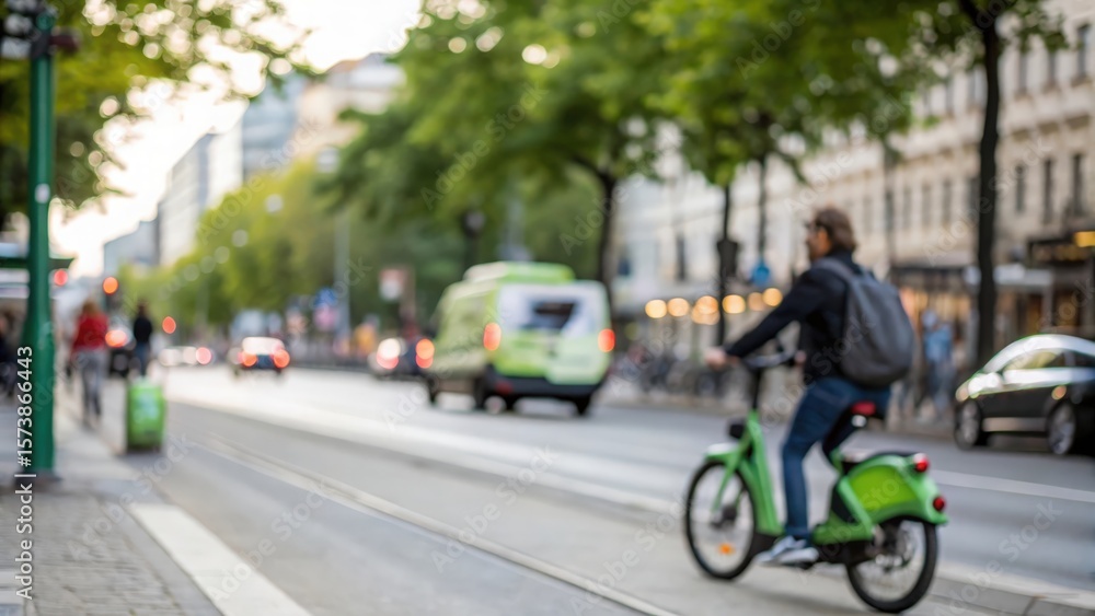 Fototapeta premium Blurred eco-friendly city scene with green transport symbolizing carbon reduction and sustainability 