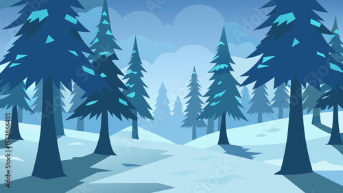 A serene winter landscape captures the essence of the season with snow-covered pine trees under a blue sky, perfect for holiday celebrations