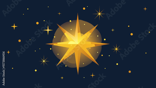 Golden stars glow brightly against dark blue and black backgrounds, illustrating a magical, starry night sky perfect for Christmas or space-themed designs