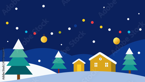Winter night landscape with a festive Christmas tree and snow-covered village houses under a moonlit sky