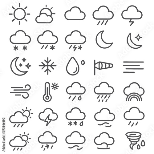 Weather Line Icons Pack – Unique Minimalist Climate Symbols Including Sun, Rain, Snow, Wind, Storm & Forecast Elements