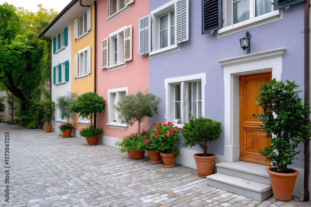 Obraz premium Colorful houses lining cobblestone street with potted plants adding charm