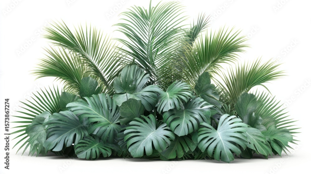 Obraz premium Lush tropical foliage, vibrant green plants, isolated on white background, dense cluster of palm and monstera leaves.