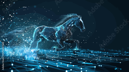 a horse made of a network of data points running in a digital field