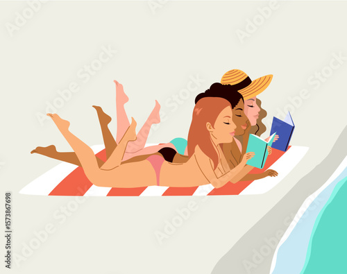 Illustration of cartoon group of women tanning and reading lying down on towel on beach sand. Vector drawing summer vacation, body positivity, leisure and holiday lifestyle concept
