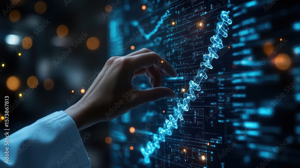 Scientist interacts with DNA data on a futuristic screen, lab background, genetic research Scientist interacts with DNA data on a futuristic screen, lab background, genetic research
