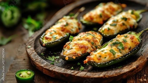 Baked jalape?o poppers, cheese, wooden board, rustic kitchen, appetizer