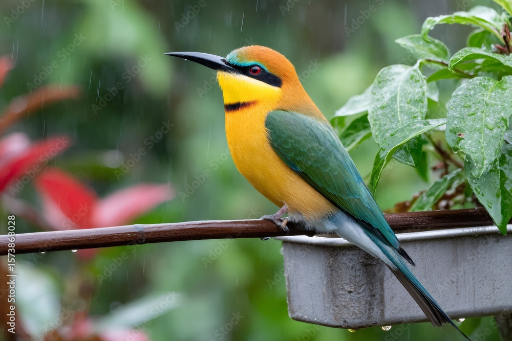 Fototapeta premium Chestnut-headed bee-eater perched on a branch during rain