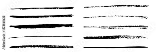 Straight line vector Asian ink brush strokes. Black hand drawn stripes, smears. Chinese, Japanese or  Korean calligraphy brushstrokes set. Rough grunge thick paint line texture. Vector sketch lines