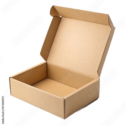 An open cardboard box with flaps up on a white background in a studio shot for packaging concept