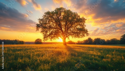 A solitary tree stands in a sunlit field during a vibrant sunset, casting long shadows and illuminating the sky with warm golden hues.