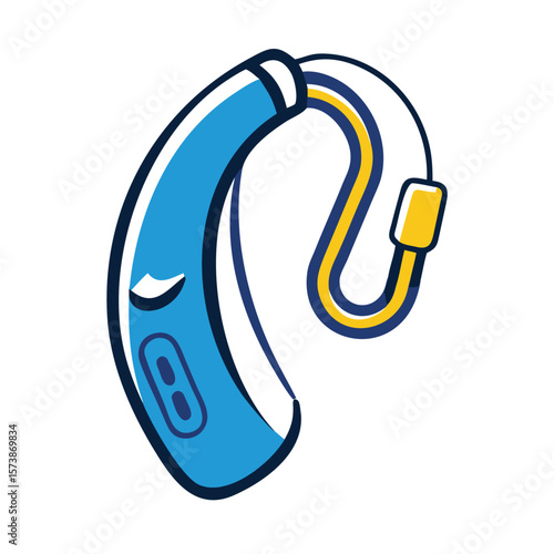 A blue and yellow hearing aid isolated on white background