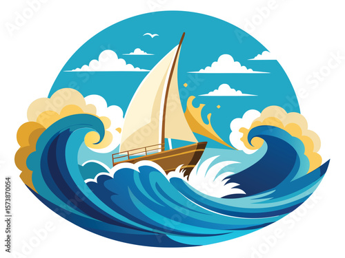 Wave and Boat Concept in Ocean Vector