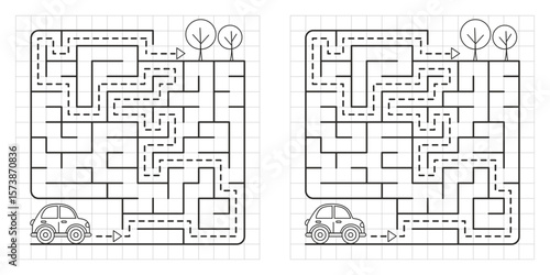Black and white kids maze – a car drives to the forest. Square layout, medium difficulty, clean line art with solution. Printable fun worksheet for children.