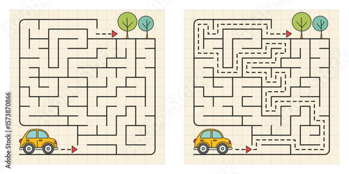 Simple kids maze – a car drives to the forest. Square shape, medium difficulty, bright flat vector design with solution. Fun printable activity for children.