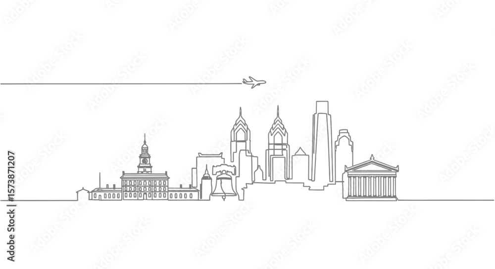 Fototapeta premium Philadelphia Skyline Line Art with USA Travel.
