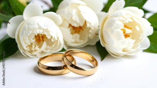Two gold wedding bands rest amongst delicate white flowers