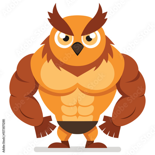 Powerful Muscular Owl Cartoon Character:  Strong, Orange, Fitness, Mascot, Illustration