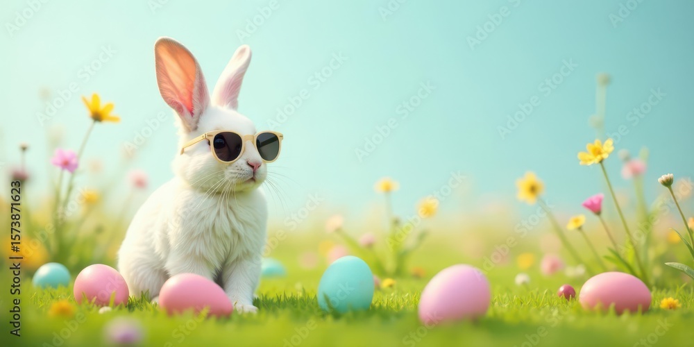 Fototapeta premium A charming white bunny rabbit, sporting stylish sunglasses, sits amidst a vibrant field of colorful wildflowers and pastel Easter eggs. A delightful springtime scene.
