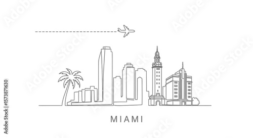 Miami Skyline Line Art with Florida Travel, and Plane.