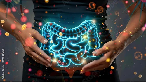 Visualizing Microbiome Balance: A transparent belly displays colorful microorganisms and gut flora in a dynamic, glowing digestive system to emphasize health and microbial diversity.