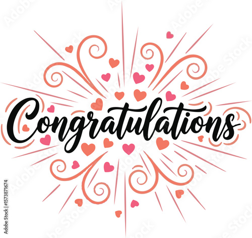 Vector art of congratulations text with hearts and festive swirls isolated on transparent background
