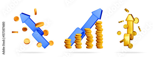 3d illustration showing growth of coins with arrows flying and growing stacks for cryptocurrency exchange on white background.