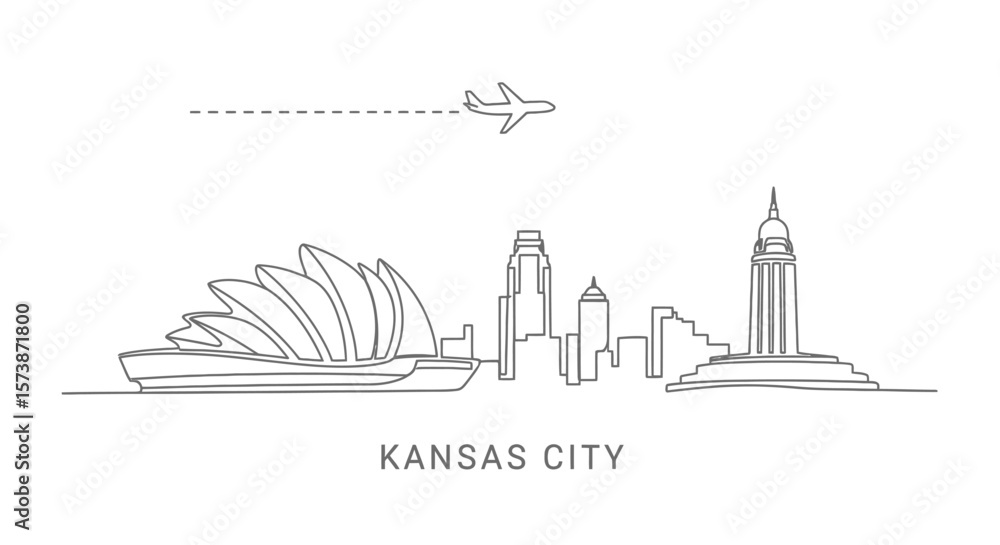 Obraz premium Kansas City Skyline with Line Art, and Airplane.