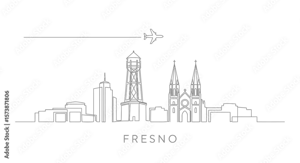 Fototapeta premium Fresno Skyline Line with California, and Airplane.