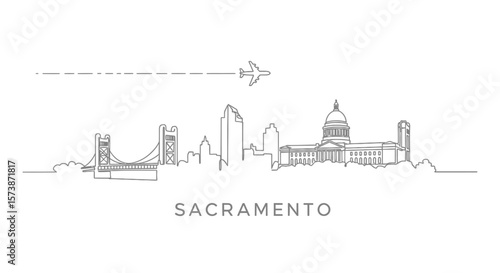 Sacramento Skyline with Minimalist Outline, and Airplane.