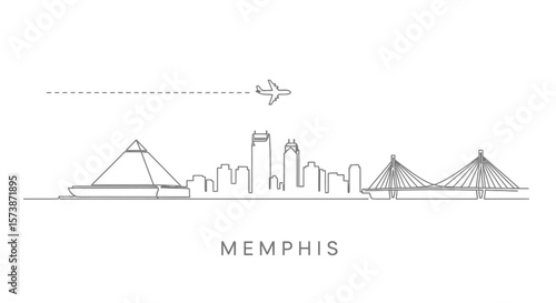 Memphis Skyline Line Art with Plane, Travel, and Minimal.