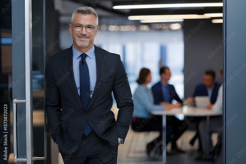 Fototapeta premium Confident Middle-Aged Businessman Standing at Office Entrance – Leadership and Corporate Meeting Concept