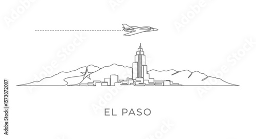 El Paso skyline with jet, travel, and landmark.
