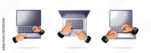 Vector 3d cartoon hands on laptop keyboard and touchpad. Set of online work elements for communication and internet service.