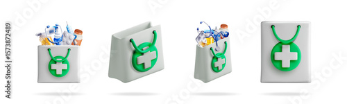 3d illustration set of pharmacy shopping bag with medicine and medical supplies. Concept of online pharmacy, medicine purchase, and health care.