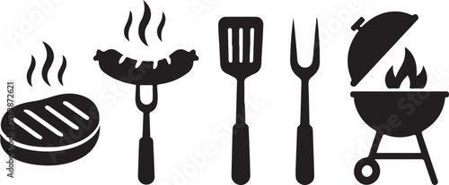 Vector art of barbecue grill with food and cooking utensils isolated on transparent background