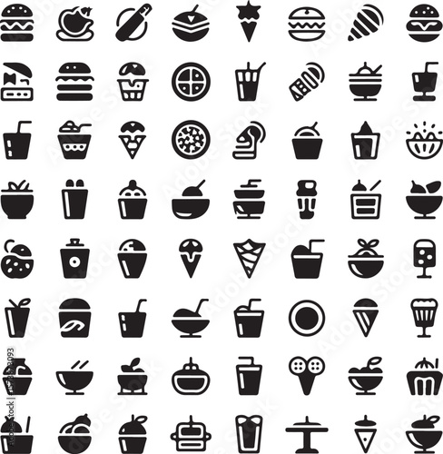 Assorted Food and Dessert Icons Featuring Burgers, Ice Cream, Drinks, and More in a Minimalist Black and White Style