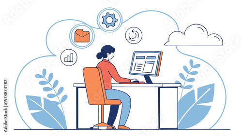 Businessman Working on Computer – Smart Online Technology and Cloud Server Network Connection Concept (AI Generated