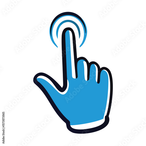 A blue hand touching a digital screen on white background