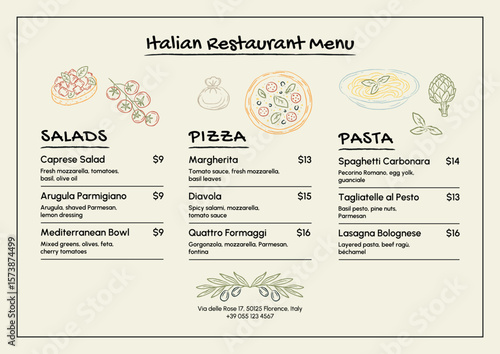 Hand drawn Italian restaurant menu template with pizza, pasta, salad illustrations. Editable sketch style vector design for cafe, bistro, restaurant.