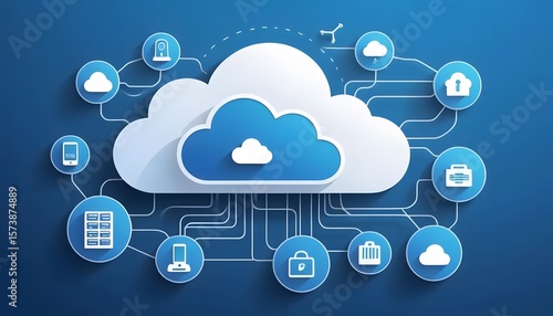 Connected cloud computing network with various icons representing data and services
