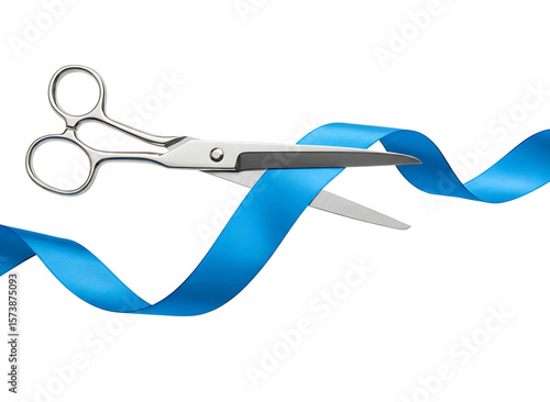 Silver scissors cutting a bright blue ribbon isolated on transparent background